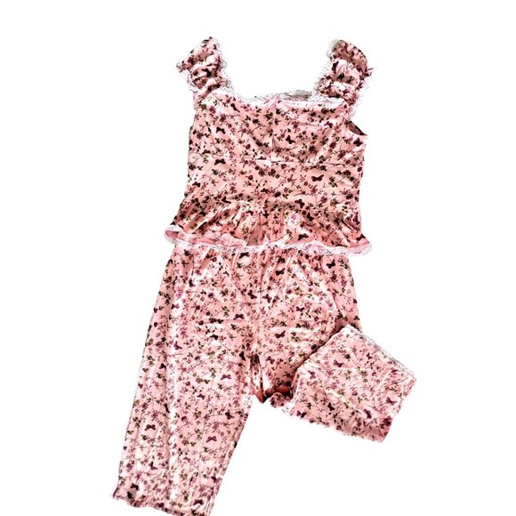 Jolie Intimates Size 2X Pajama Set Pink Butterflies Floral Lace Bow 100% Cotton - Picture 1 of 11